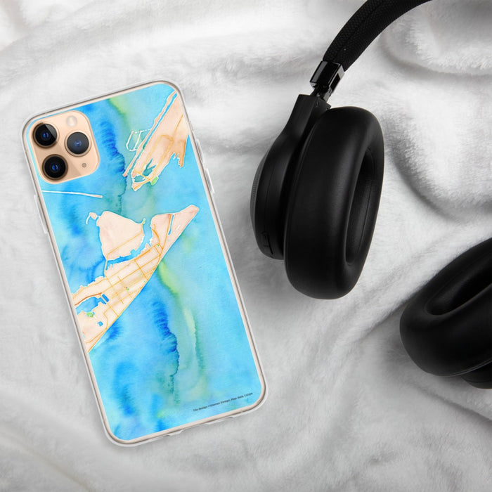 Custom Galveston Texas Map Phone Case in Watercolor on Table with Black Headphones