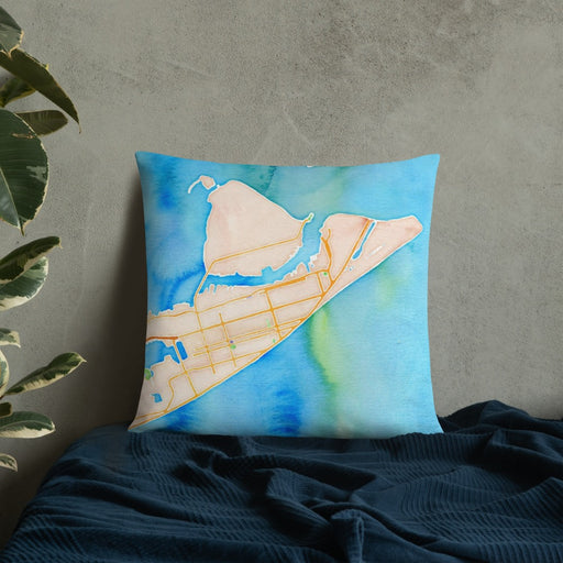 Custom Galveston Texas Map Throw Pillow in Watercolor on Bedding Against Wall