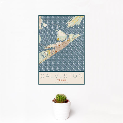 12x18 Galveston Texas Map Print Portrait Orientation in Woodblock Style With Small Cactus Plant in White Planter