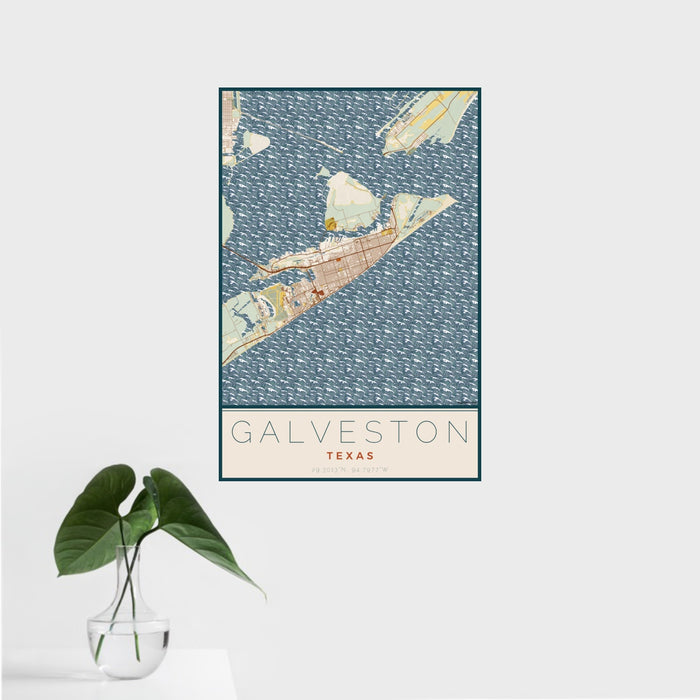 16x24 Galveston Texas Map Print Portrait Orientation in Woodblock Style With Tropical Plant Leaves in Water
