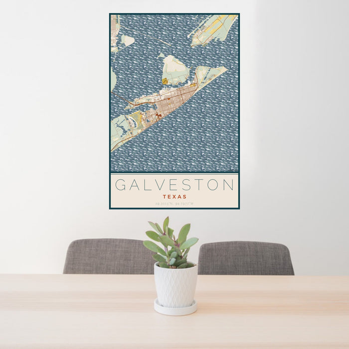24x36 Galveston Texas Map Print Portrait Orientation in Woodblock Style Behind 2 Chairs Table and Potted Plant