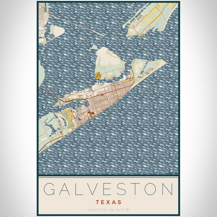 Galveston Texas Map Print Portrait Orientation in Woodblock Style With Shaded Background