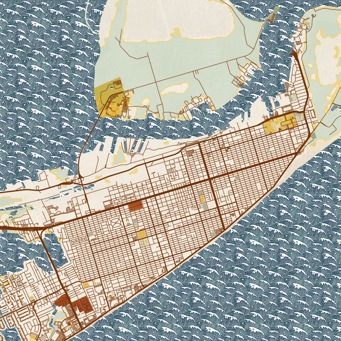 Galveston Texas Map Print in Woodblock Style Zoomed In Close Up Showing Details