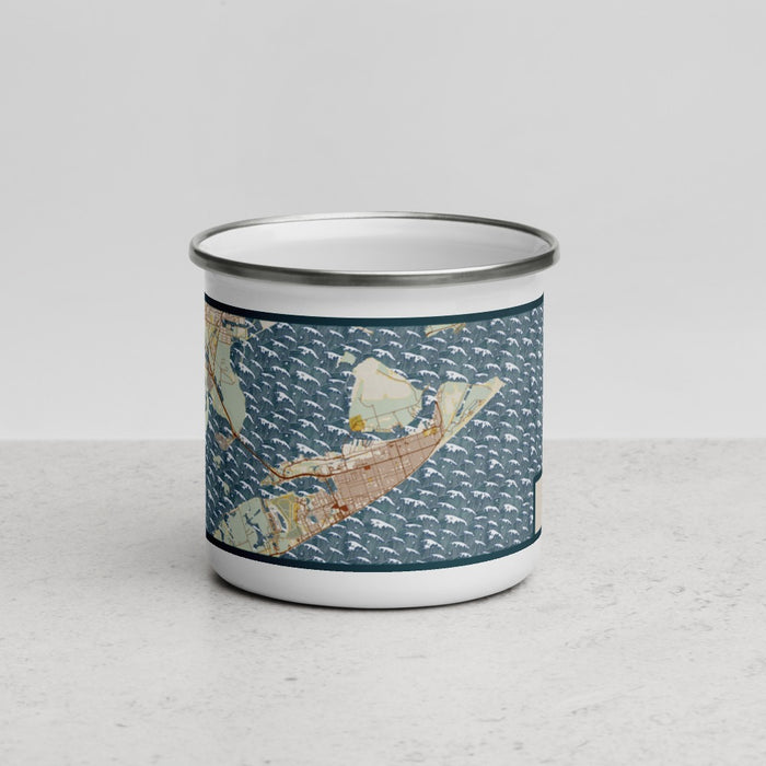 Front View Custom Galveston Texas Map Enamel Mug in Woodblock