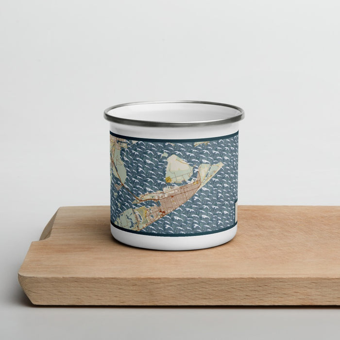 Front View Custom Galveston Texas Map Enamel Mug in Woodblock on Cutting Board