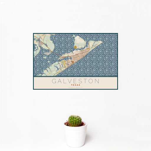 12x18 Galveston Texas Map Print Landscape Orientation in Woodblock Style With Small Cactus Plant in White Planter