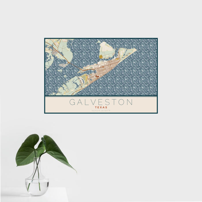 16x24 Galveston Texas Map Print Landscape Orientation in Woodblock Style With Tropical Plant Leaves in Water
