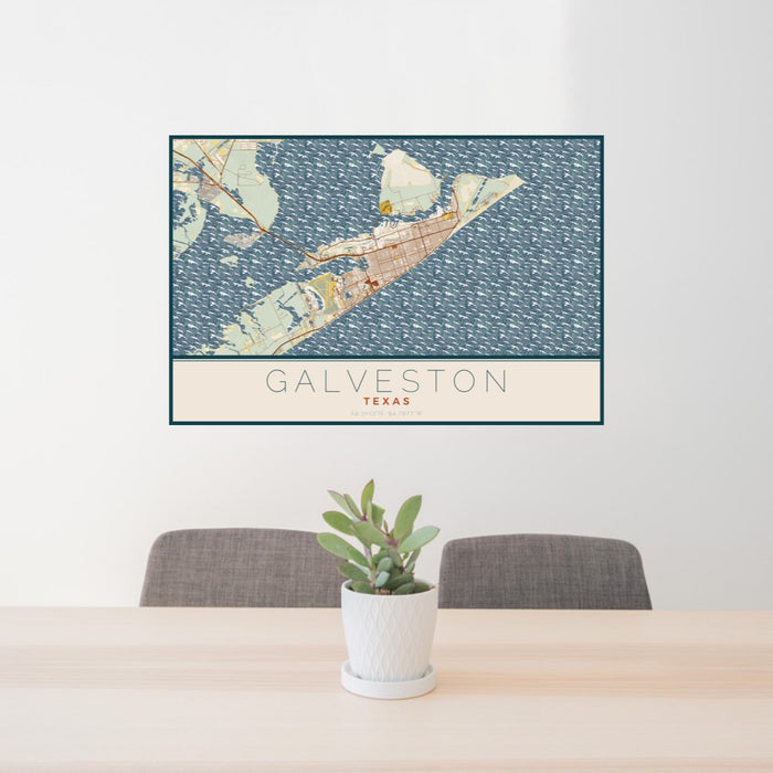24x36 Galveston Texas Map Print Landscape Orientation in Woodblock Style Behind 2 Chairs Table and Potted Plant