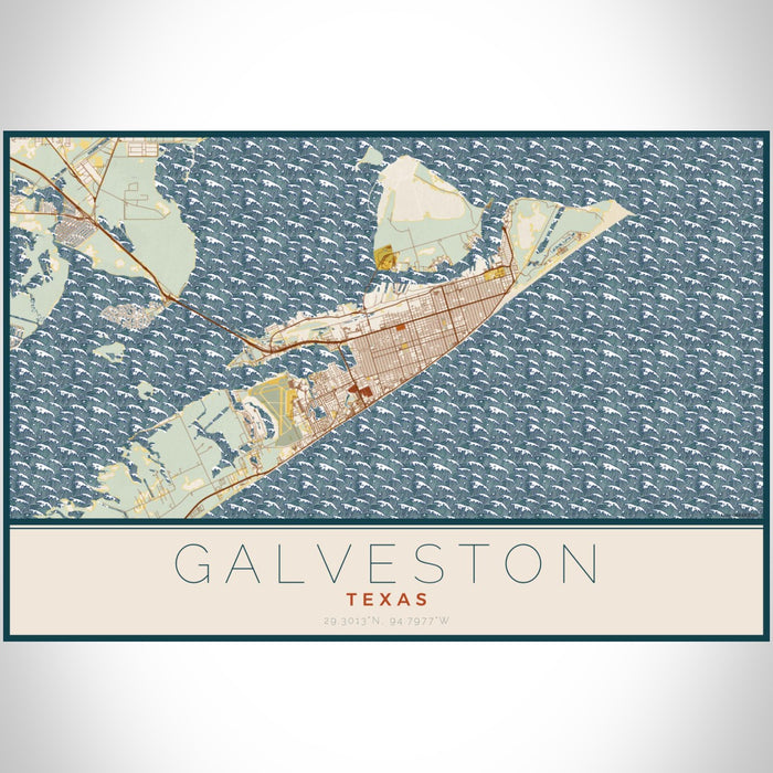 Galveston Texas Map Print Landscape Orientation in Woodblock Style With Shaded Background