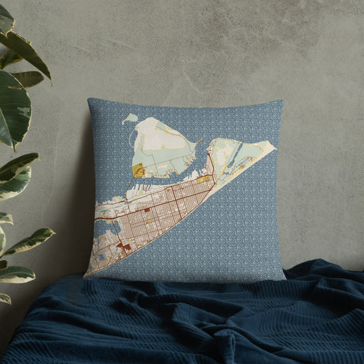 Custom Galveston Texas Map Throw Pillow in Woodblock on Bedding Against Wall