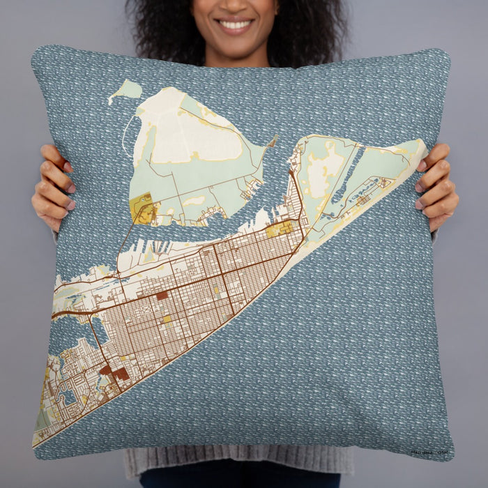 Person holding 22x22 Custom Galveston Texas Map Throw Pillow in Woodblock