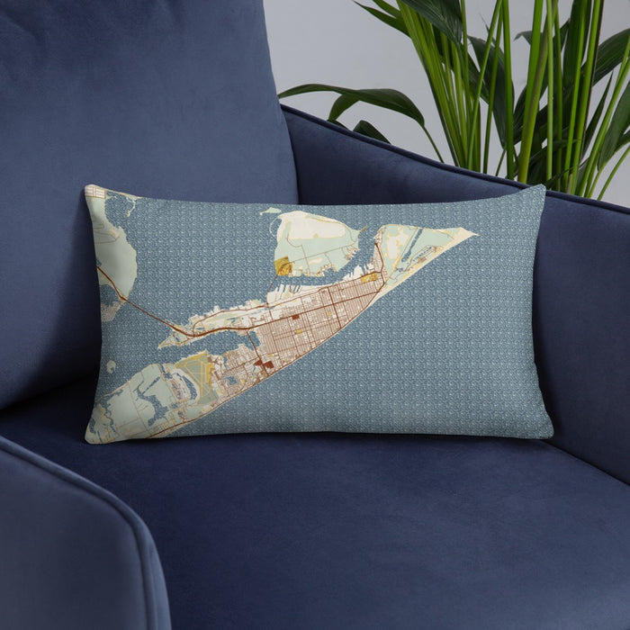 Custom Galveston Texas Map Throw Pillow in Woodblock on Blue Colored Chair