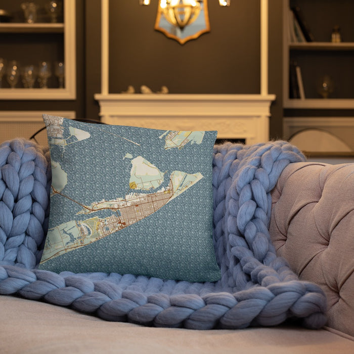 Custom Galveston Texas Map Throw Pillow in Woodblock on Cream Colored Couch