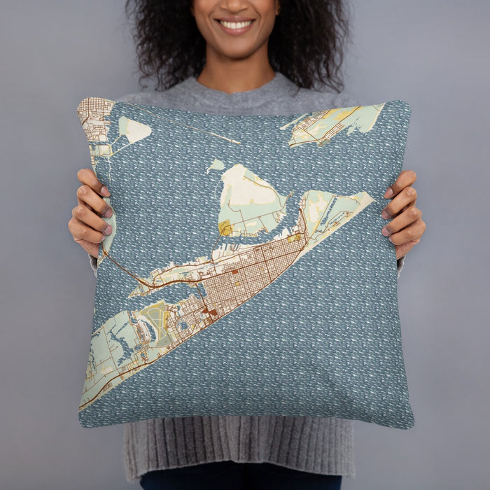 Person holding 18x18 Custom Galveston Texas Map Throw Pillow in Woodblock