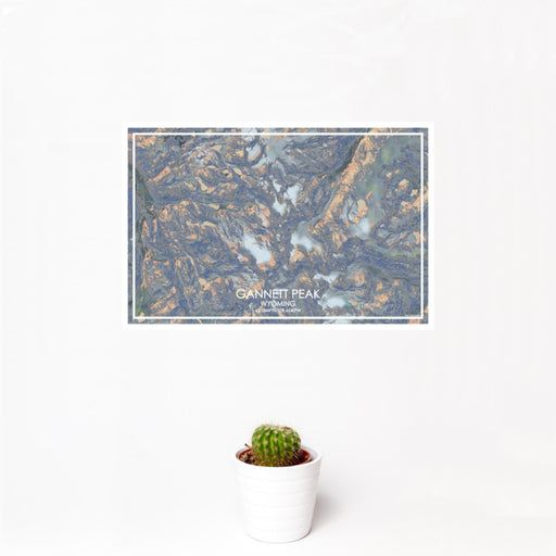 12x18 Gannett Peak Wyoming Map Print Landscape Orientation in Afternoon Style With Small Cactus Plant in White Planter