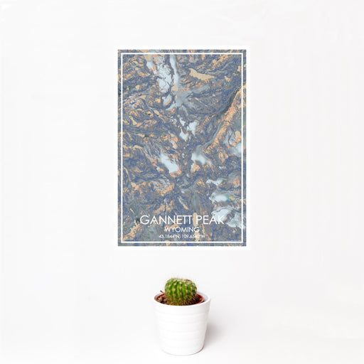 12x18 Gannett Peak Wyoming Map Print Portrait Orientation in Afternoon Style With Small Cactus Plant in White Planter