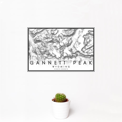 12x18 Gannett Peak Wyoming Map Print Landscape Orientation in Classic Style With Small Cactus Plant in White Planter