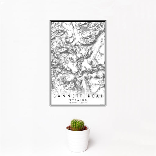 12x18 Gannett Peak Wyoming Map Print Portrait Orientation in Classic Style With Small Cactus Plant in White Planter