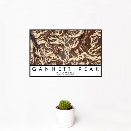 12x18 Gannett Peak Wyoming Map Print Landscape Orientation in Ember Style With Small Cactus Plant in White Planter