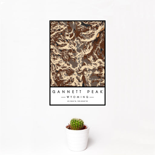 12x18 Gannett Peak Wyoming Map Print Portrait Orientation in Ember Style With Small Cactus Plant in White Planter