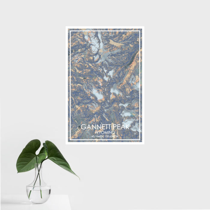 16x24 Gannett Peak Wyoming Map Print Portrait Orientation in Afternoon Style With Tropical Plant Leaves in Water