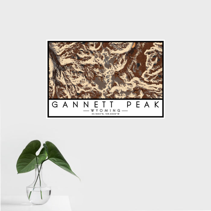 16x24 Gannett Peak Wyoming Map Print Landscape Orientation in Ember Style With Tropical Plant Leaves in Water
