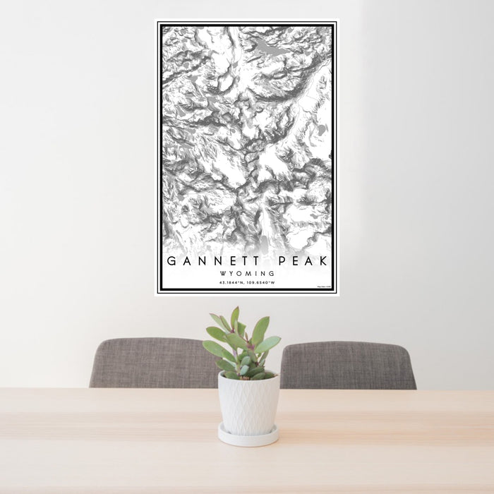 24x36 Gannett Peak Wyoming Map Print Portrait Orientation in Classic Style Behind 2 Chairs Table and Potted Plant