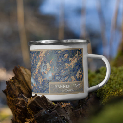 Right View Custom Gannett Peak Wyoming Map Enamel Mug in Afternoon on Grass With Trees in Background