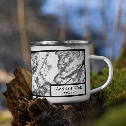 Right View Custom Gannett Peak Wyoming Map Enamel Mug in Classic on Grass With Trees in Background