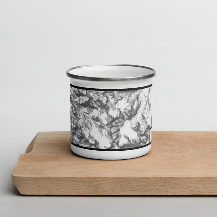 Front View Custom Gannett Peak Wyoming Map Enamel Mug in Classic on Cutting Board