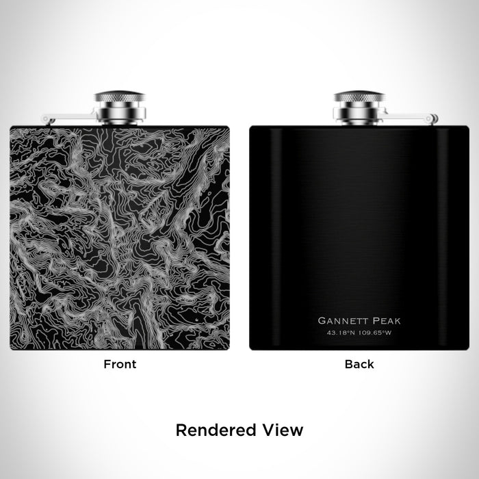 Rendered View of Gannett Peak Wyoming Map Engraving on 6oz Stainless Steel Flask in Black