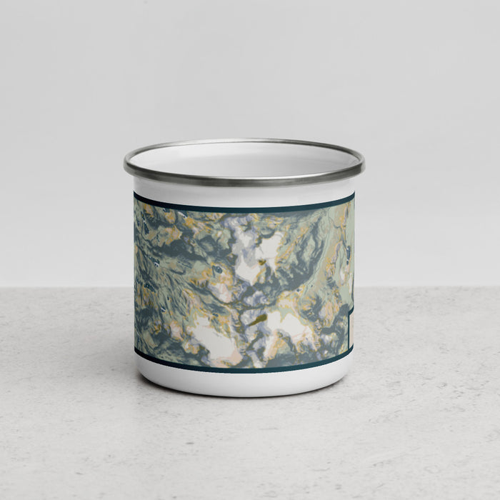 Front View Custom Gannett Peak Wyoming Map Enamel Mug in Woodblock