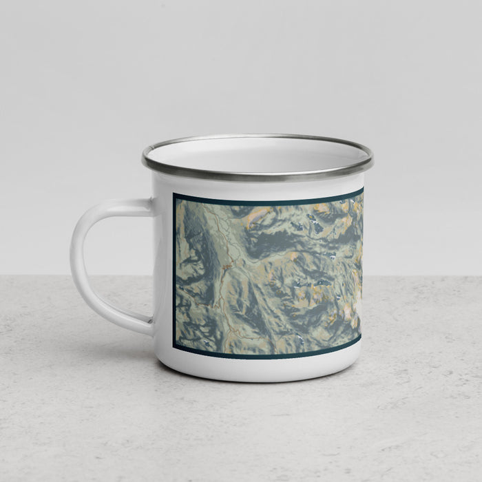 Left View Custom Gannett Peak Wyoming Map Enamel Mug in Woodblock