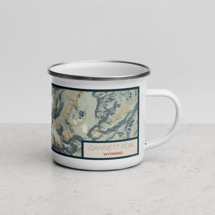 Right View Custom Gannett Peak Wyoming Map Enamel Mug in Woodblock