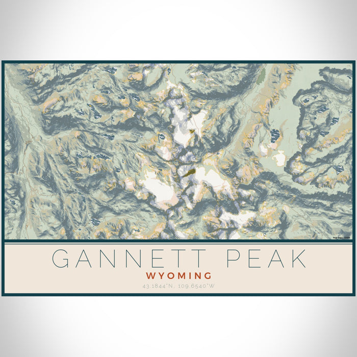 Gannett Peak Wyoming Map Print Landscape Orientation in Woodblock Style With Shaded Background