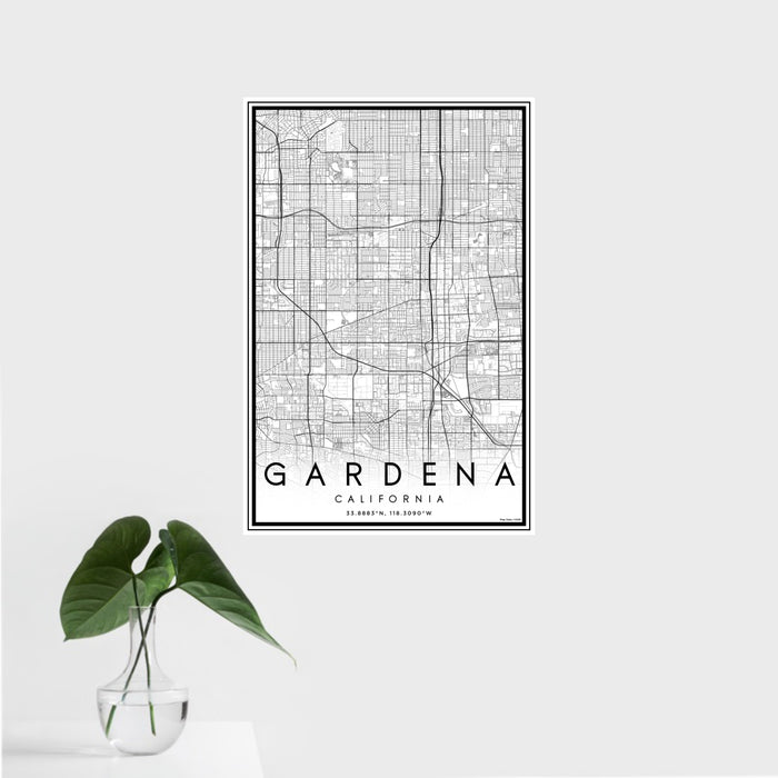 16x24 Gardena California Map Print Portrait Orientation in Classic Style With Tropical Plant Leaves in Water