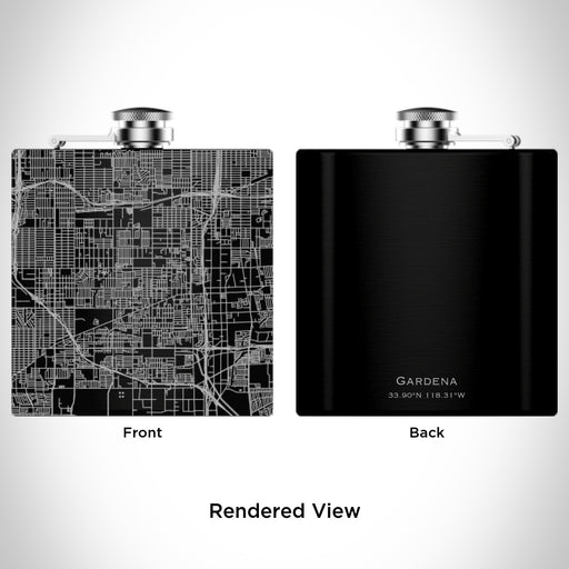 Rendered View of Gardena California Map Engraving on 6oz Stainless Steel Flask in Black