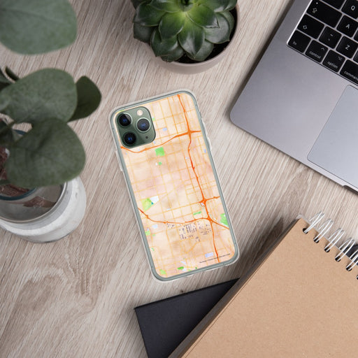 Custom Gardena California Map Phone Case in Watercolor on Table with Laptop and Plant