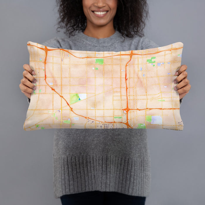 Person holding 20x12 Custom Gardena California Map Throw Pillow in Watercolor