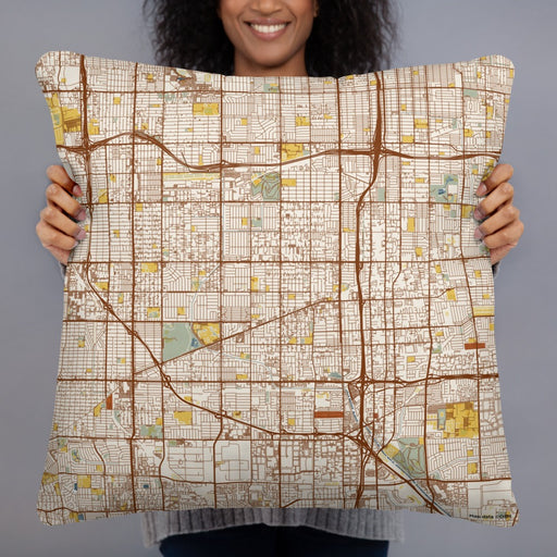 Person holding 22x22 Custom Gardena California Map Throw Pillow in Woodblock