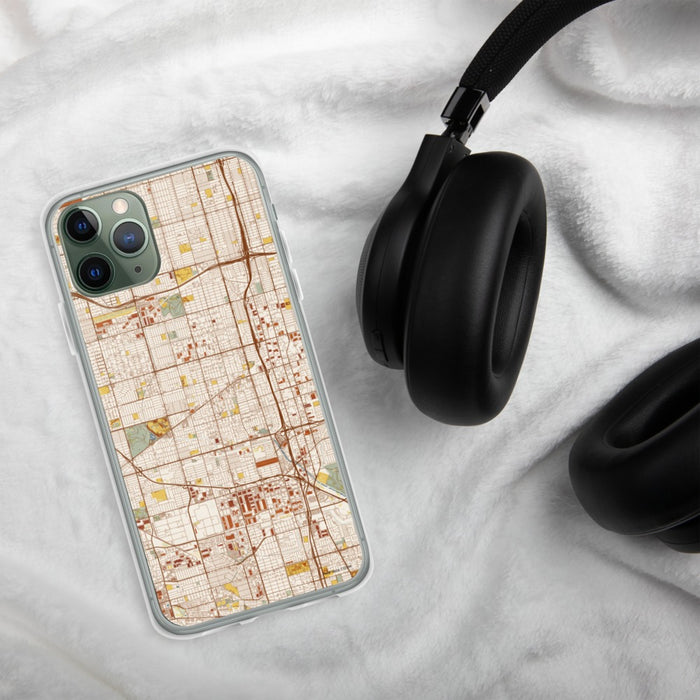 Custom Gardena California Map Phone Case in Woodblock on Table with Black Headphones