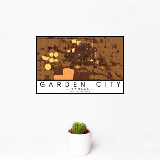12x18 Garden City Kansas Map Print Landscape Orientation in Ember Style With Small Cactus Plant in White Planter