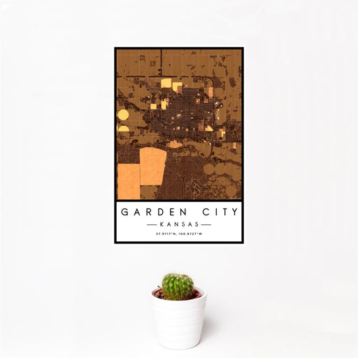 12x18 Garden City Kansas Map Print Portrait Orientation in Ember Style With Small Cactus Plant in White Planter