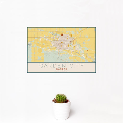 12x18 Garden City Kansas Map Print Landscape Orientation in Woodblock Style With Small Cactus Plant in White Planter
