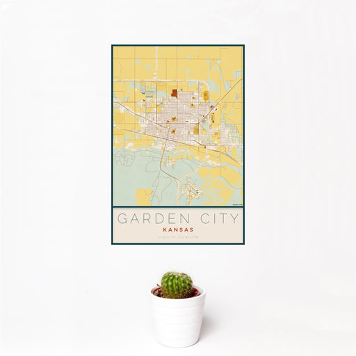 12x18 Garden City Kansas Map Print Portrait Orientation in Woodblock Style With Small Cactus Plant in White Planter