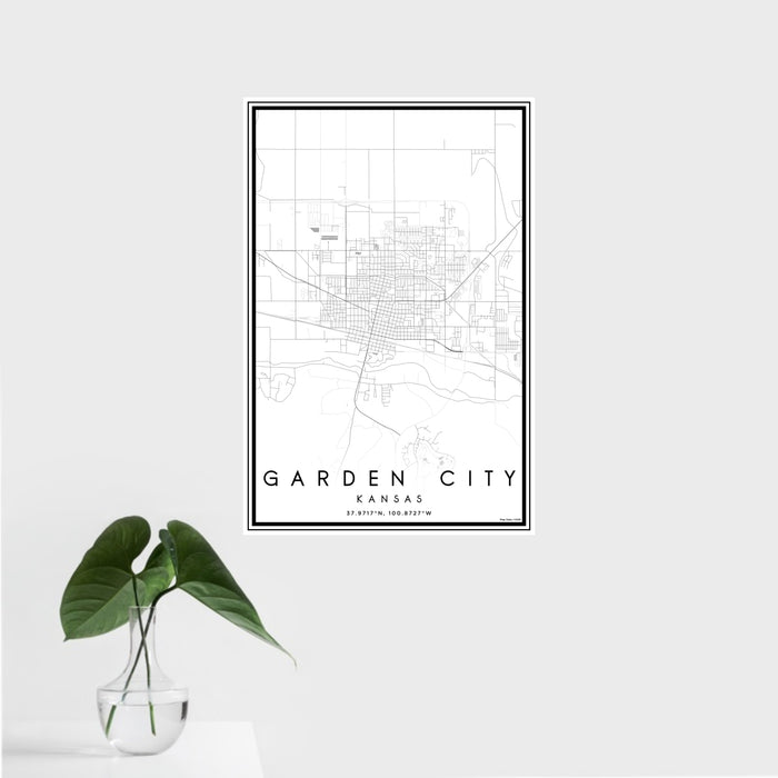 16x24 Garden City Kansas Map Print Portrait Orientation in Classic Style With Tropical Plant Leaves in Water