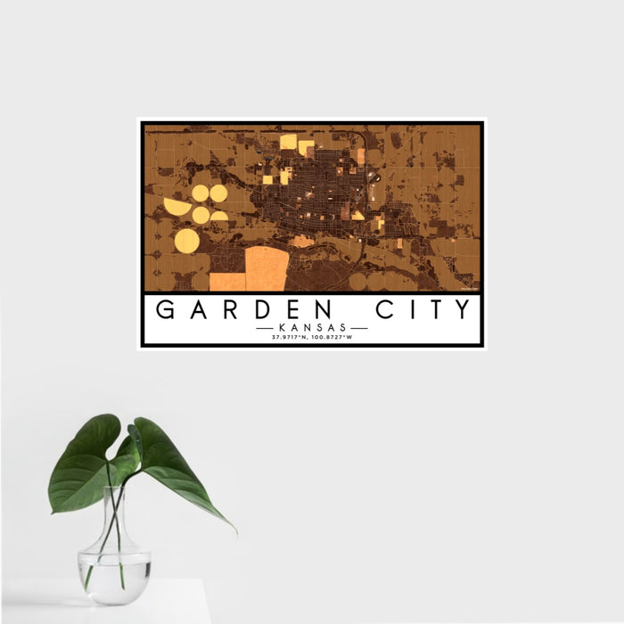 16x24 Garden City Kansas Map Print Landscape Orientation in Ember Style With Tropical Plant Leaves in Water