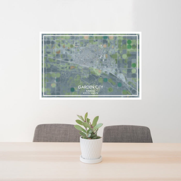 24x36 Garden City Kansas Map Print Lanscape Orientation in Afternoon Style Behind 2 Chairs Table and Potted Plant