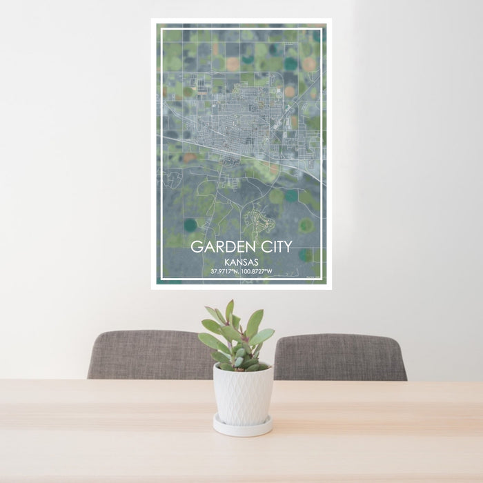 24x36 Garden City Kansas Map Print Portrait Orientation in Afternoon Style Behind 2 Chairs Table and Potted Plant