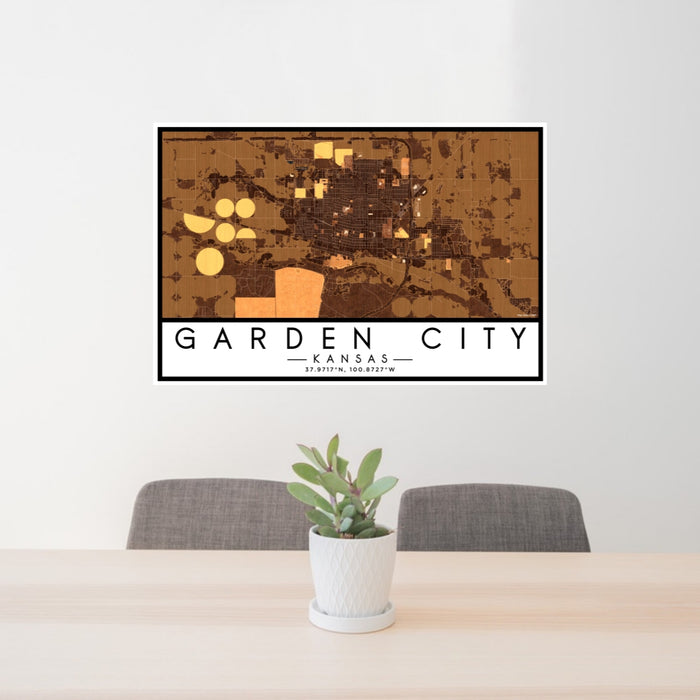 24x36 Garden City Kansas Map Print Lanscape Orientation in Ember Style Behind 2 Chairs Table and Potted Plant